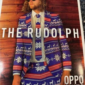 Holiday Rudolph Blue & Red Men's Suit Jacket and Tie